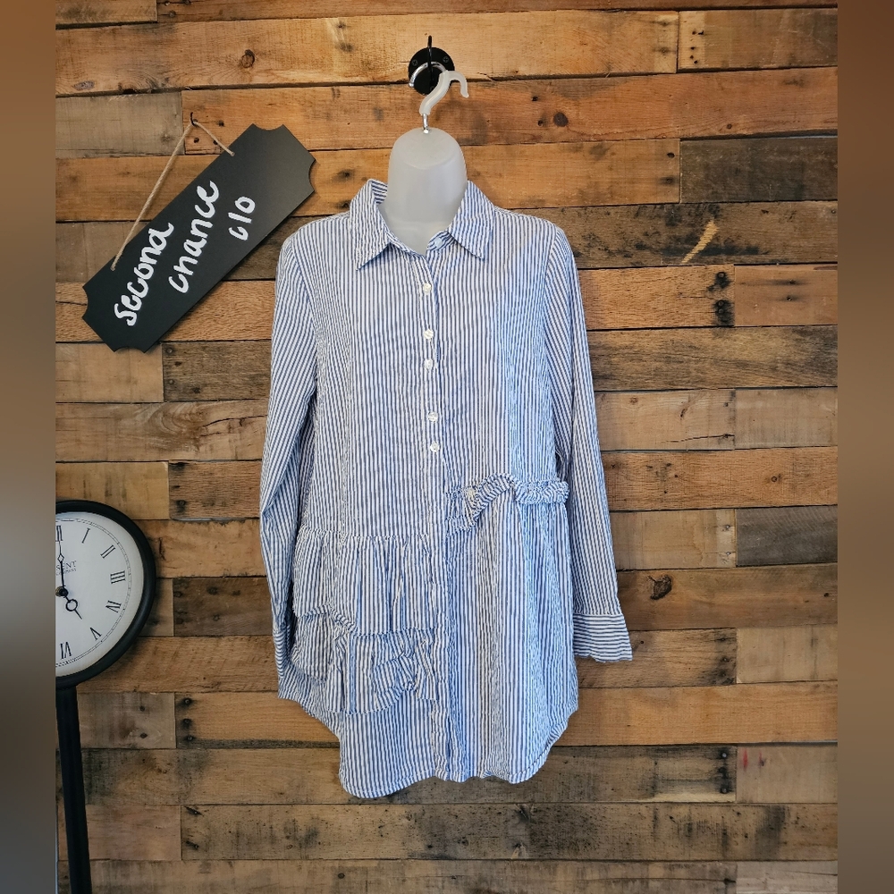 Soft Surroundings Womens Adley Ruffle Stripe Button Down Tunic Blouse Size M